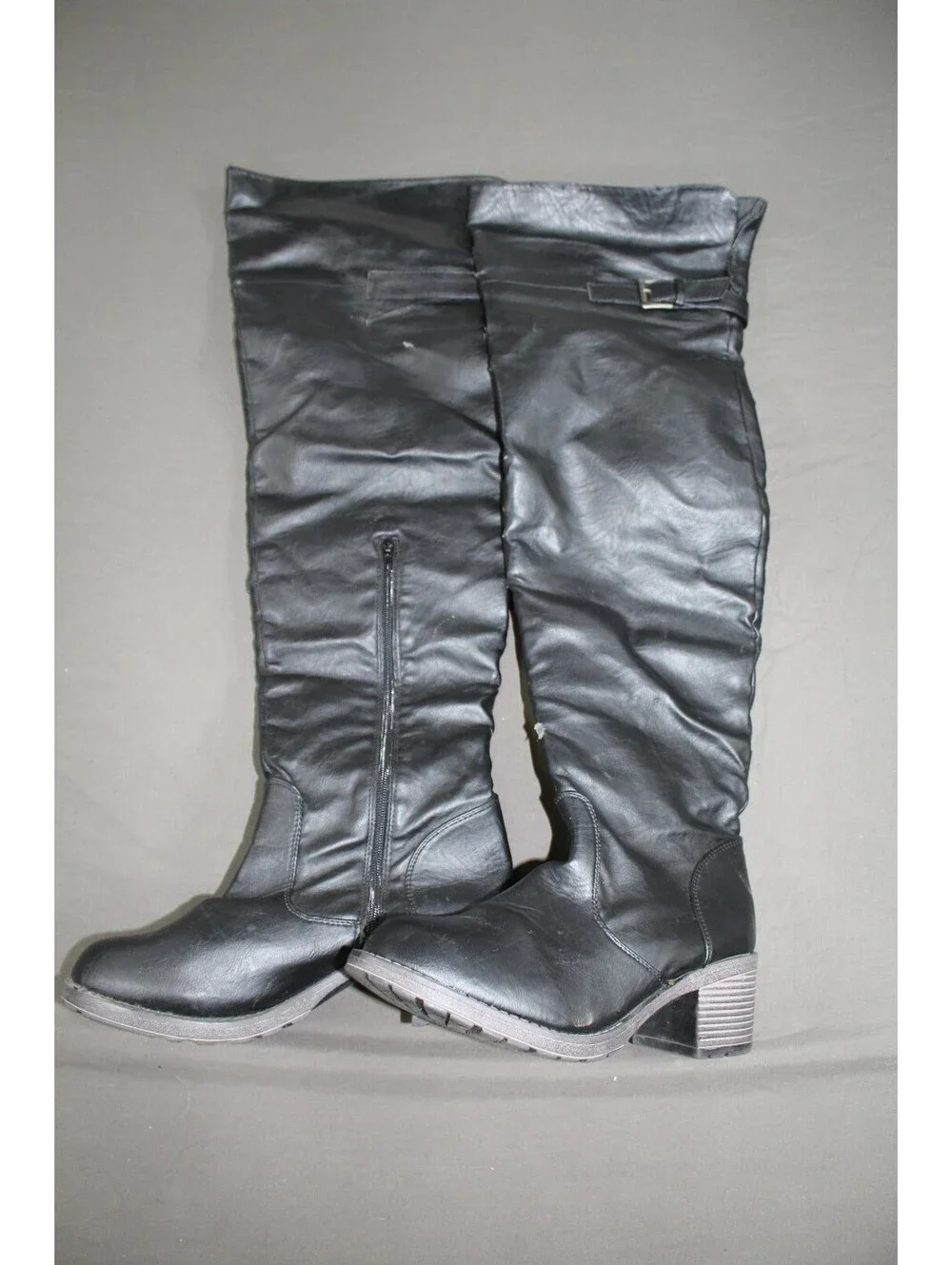 Black Faux Leather Knee High Boots Chunky Heel Womens XL-10